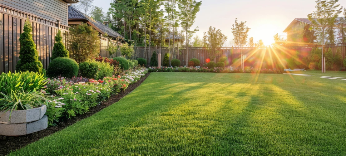 Lush green garden with flowers